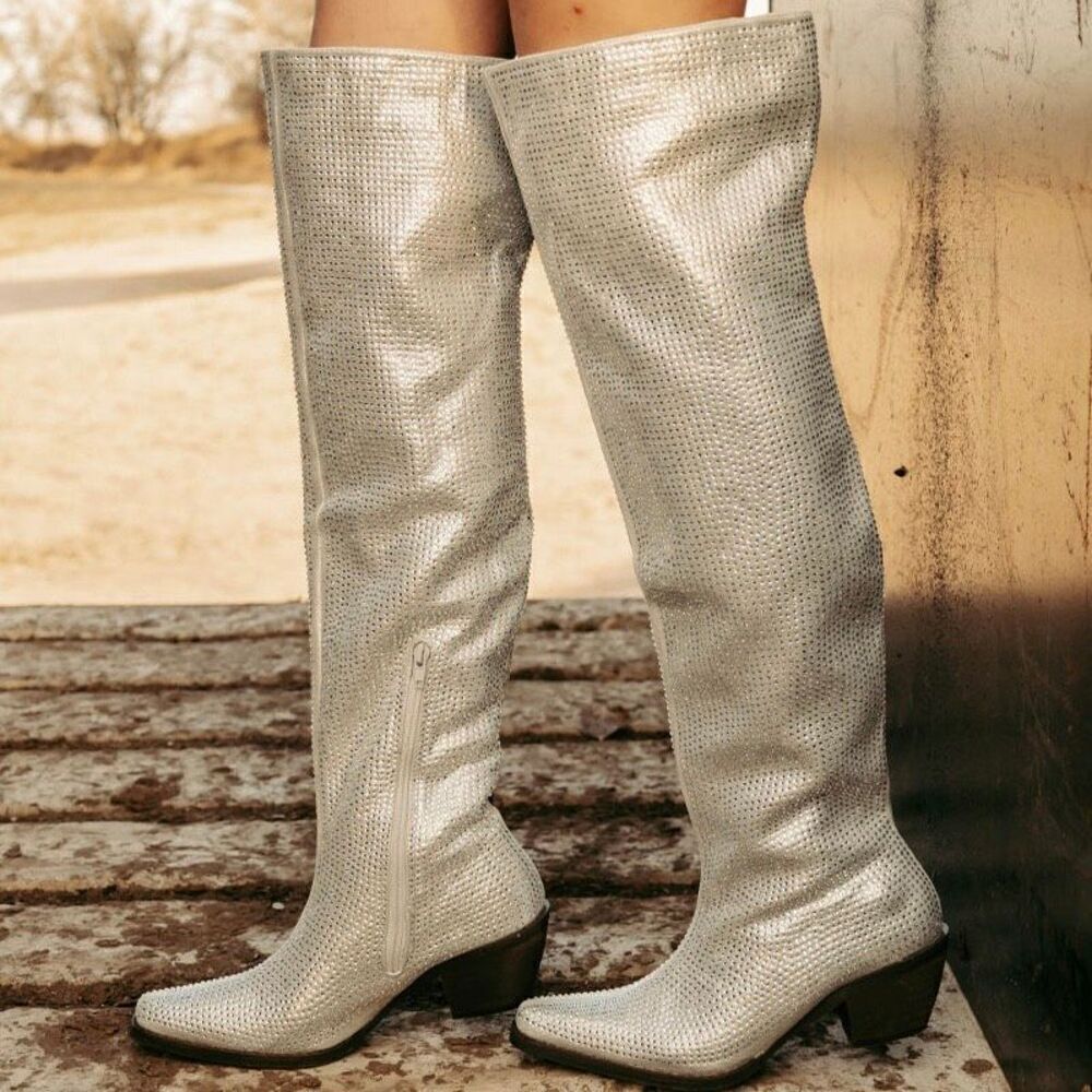 Cowgirl Boots Western Ranch Rodeo 2” Heel Over The Knee Rhinestone New